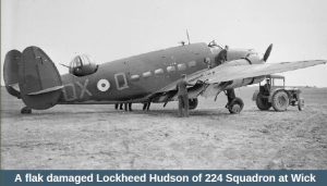 A flak damaged Lockheed Hudson of 224 Squadron at Wick