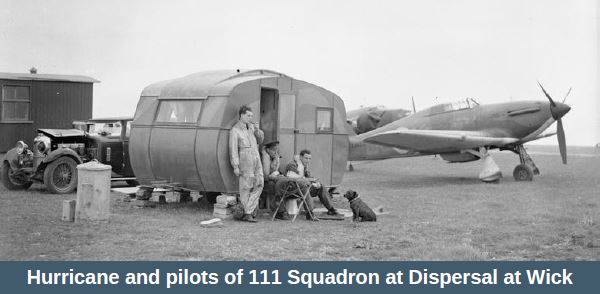 Hurricane and pilots of 111 Squadron at Dispersal at Wick